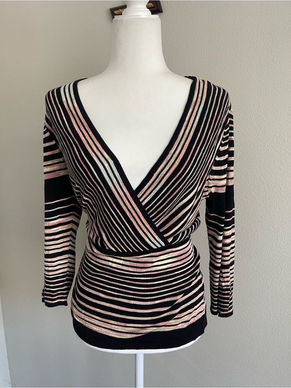Nine West Black Striped Ribbed Knit Top with Pink and Cream Accents